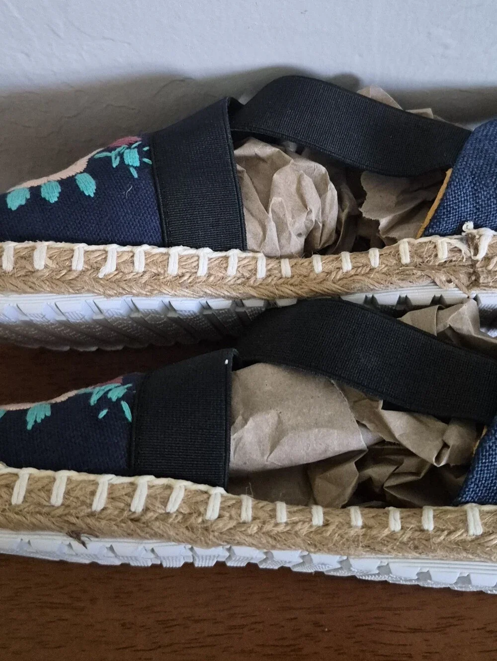 Womans Navy Espadrille Slip-Ons with Colorful Floral Embroidery